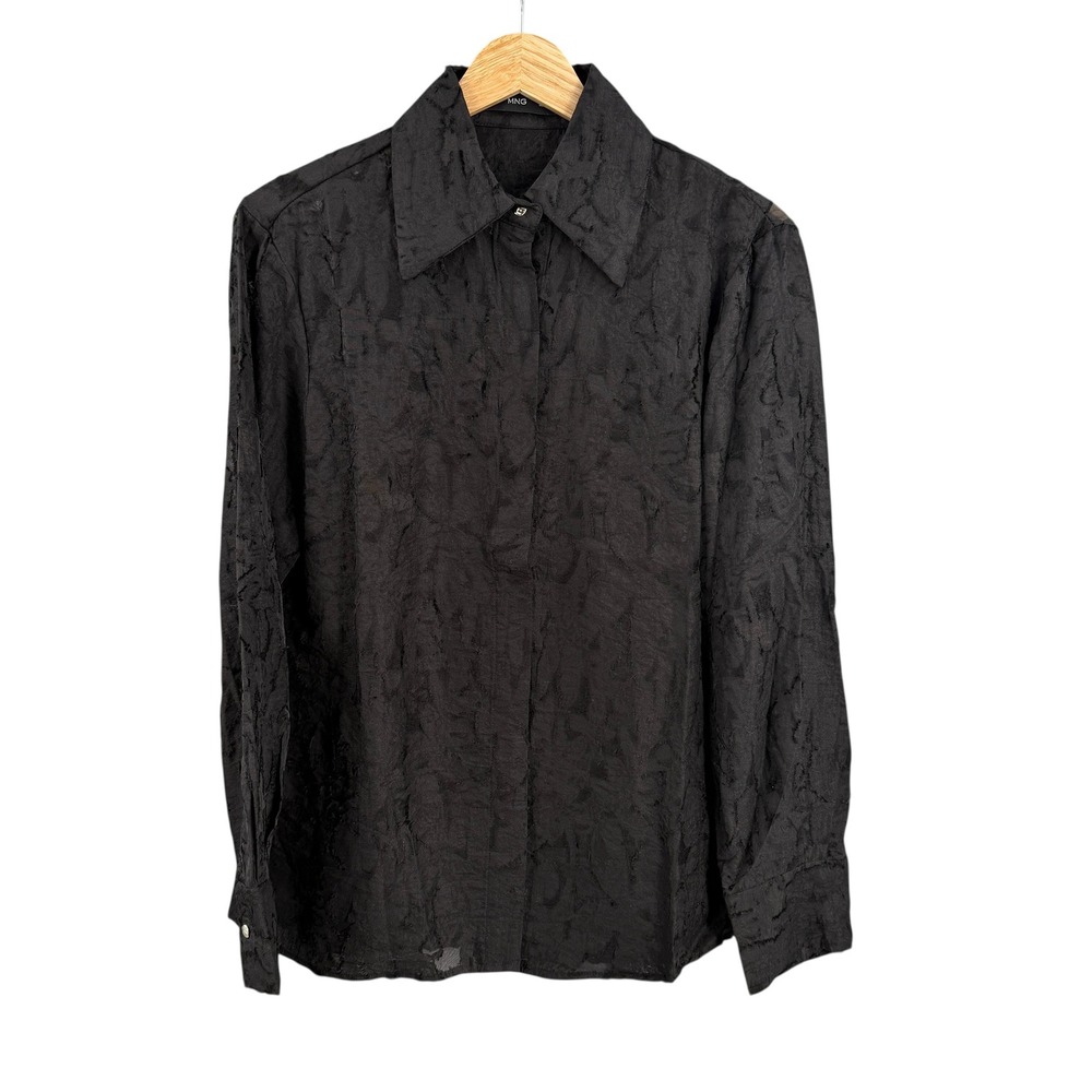 Mango MNG‎ Button Up Shirt Size Small Black Lace Semi Sheer Long Sleeve